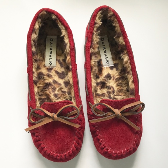 Airwalk Shoes - Red Faux Suede Moccasins w/ Leopard Lining